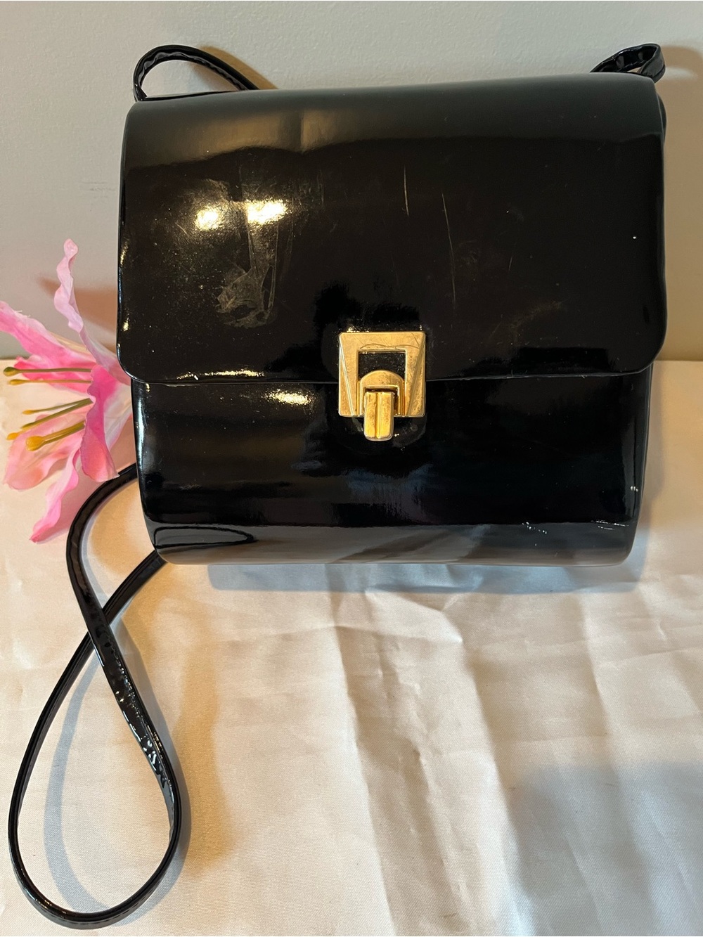 Black Patent Crossbody Bag with Gold Turn-Lock